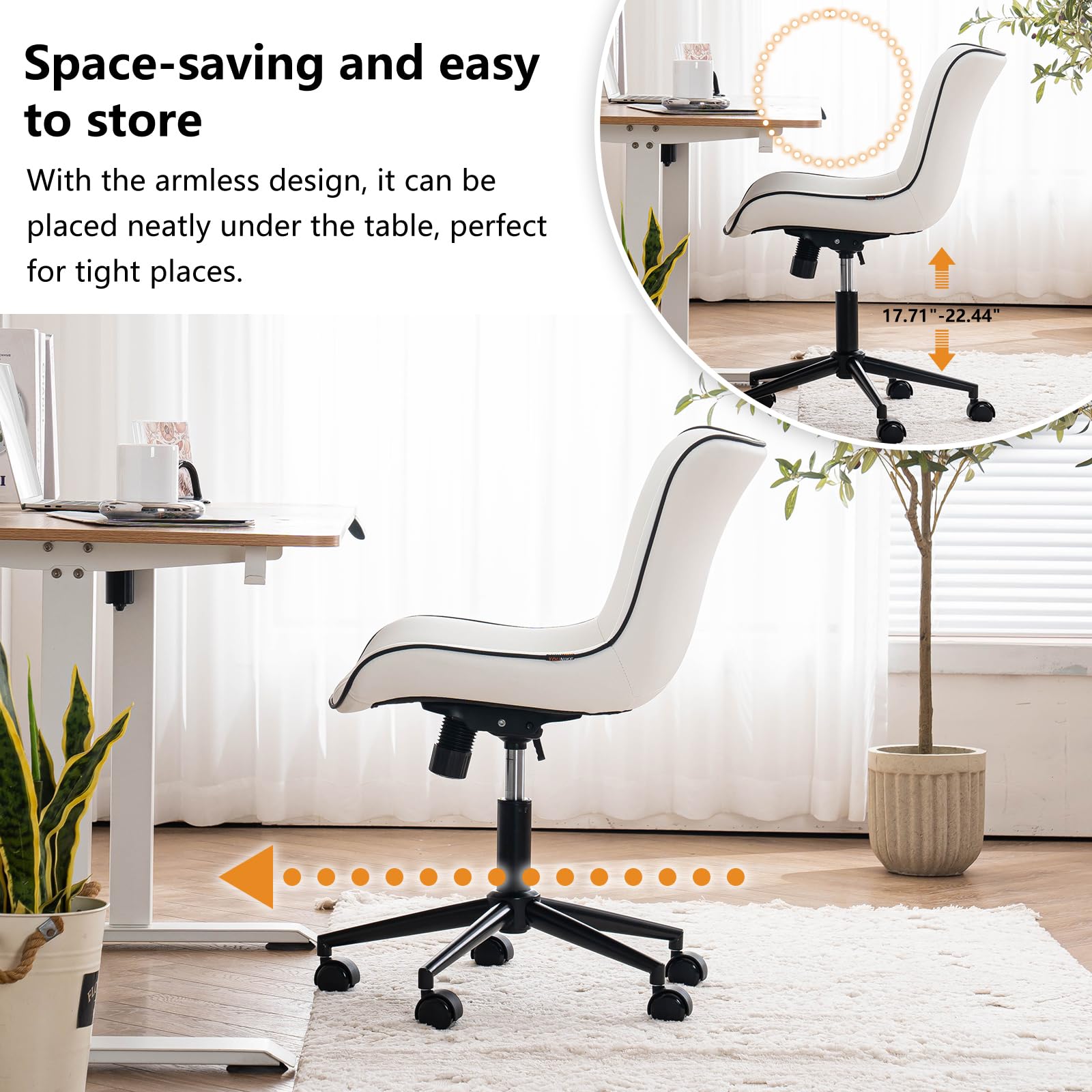White Armless Office Chair Faux Leather Small Cute Desk Chair with 12° Rocking Back Adjustable Height Swivel Vanity Chair Ergonomic Compact Home Computer Rolling Task Chair for Small Spaces