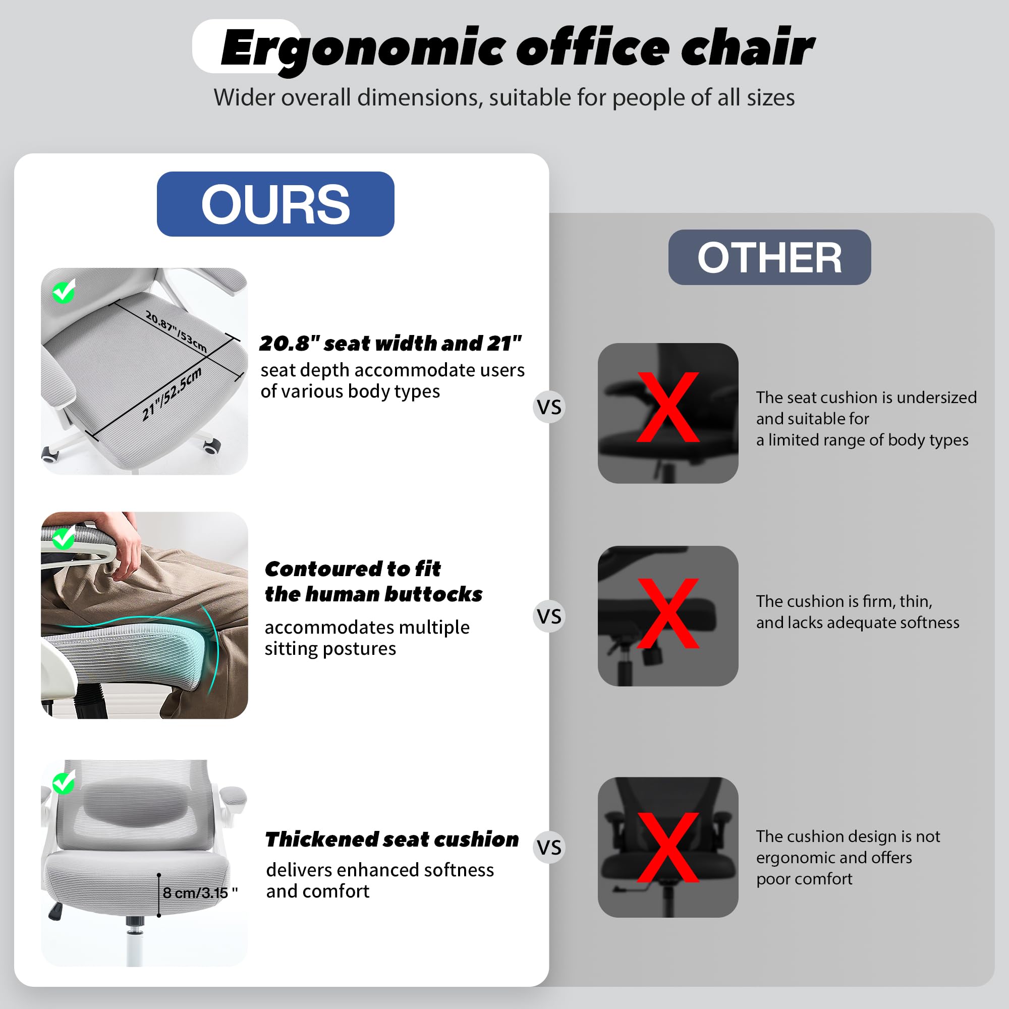 Ergonomic Office Chair, 400 LBS Desk Chair with Adjustable Lumbar Support, High Back Breathable Mesh Computer Chair Rolling Work Swivel Task Chairs, Comfy Home Office Desk Chair (Gray)