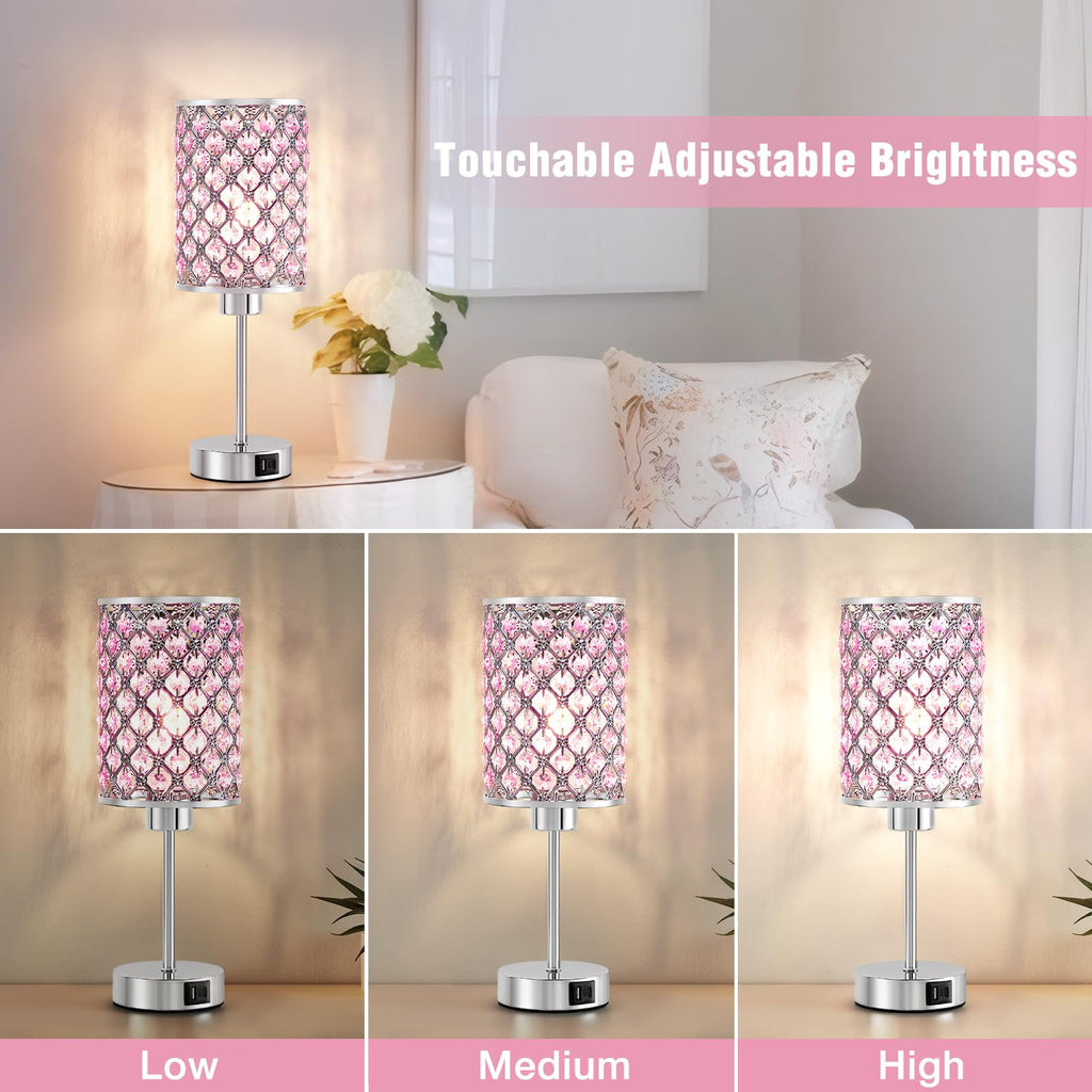 Crystal Table Lamp, Pink Touch Lamp with USB C+A Port, 3-Way Dimmable