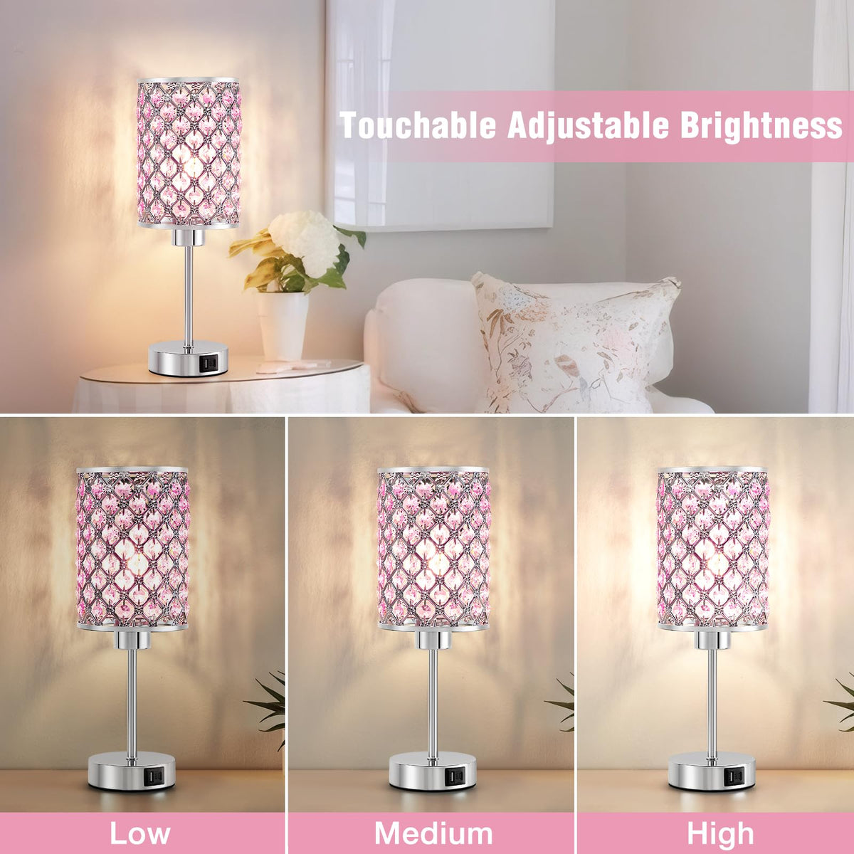 Crystal Table Lamp, Pink Touch Lamp with USB C+A Port, 3-Way Dimmable
