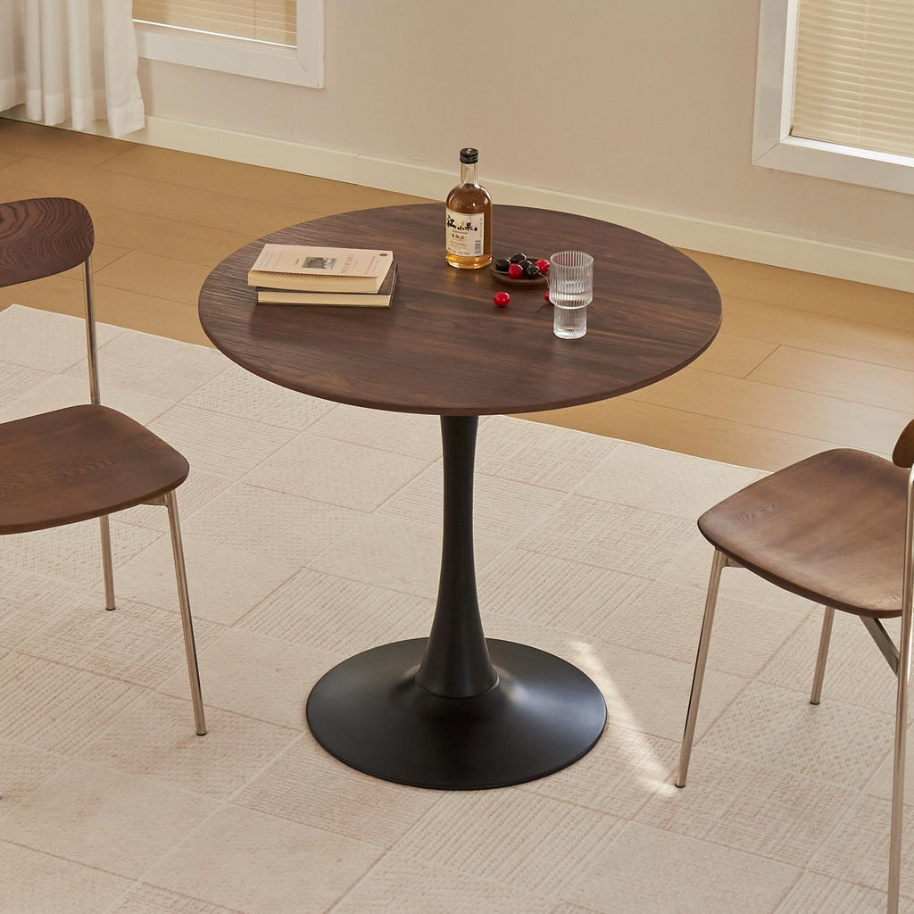Hansweld Round Dining Table, 31.5" Circle Tulip Table with Thickened Tabletop & Metal Pedestal, Mid Century Modern Bistro Table for Kitchen, Small Places, Living Room, Cafe (Faux Walnut)
