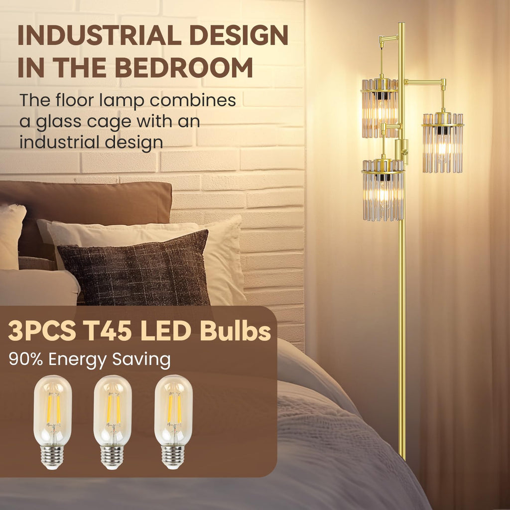 Crystal Gold Glass Tree Floor Lamp for Living Room for Farmhouse Industrial
