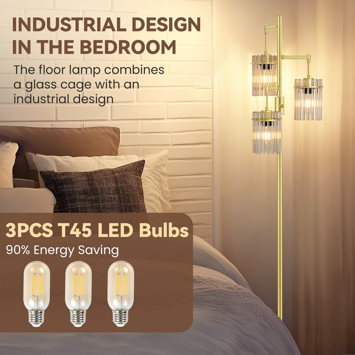 Crystal Gold Glass Tree Floor Lamp for Living Room for Farmhouse Industrial