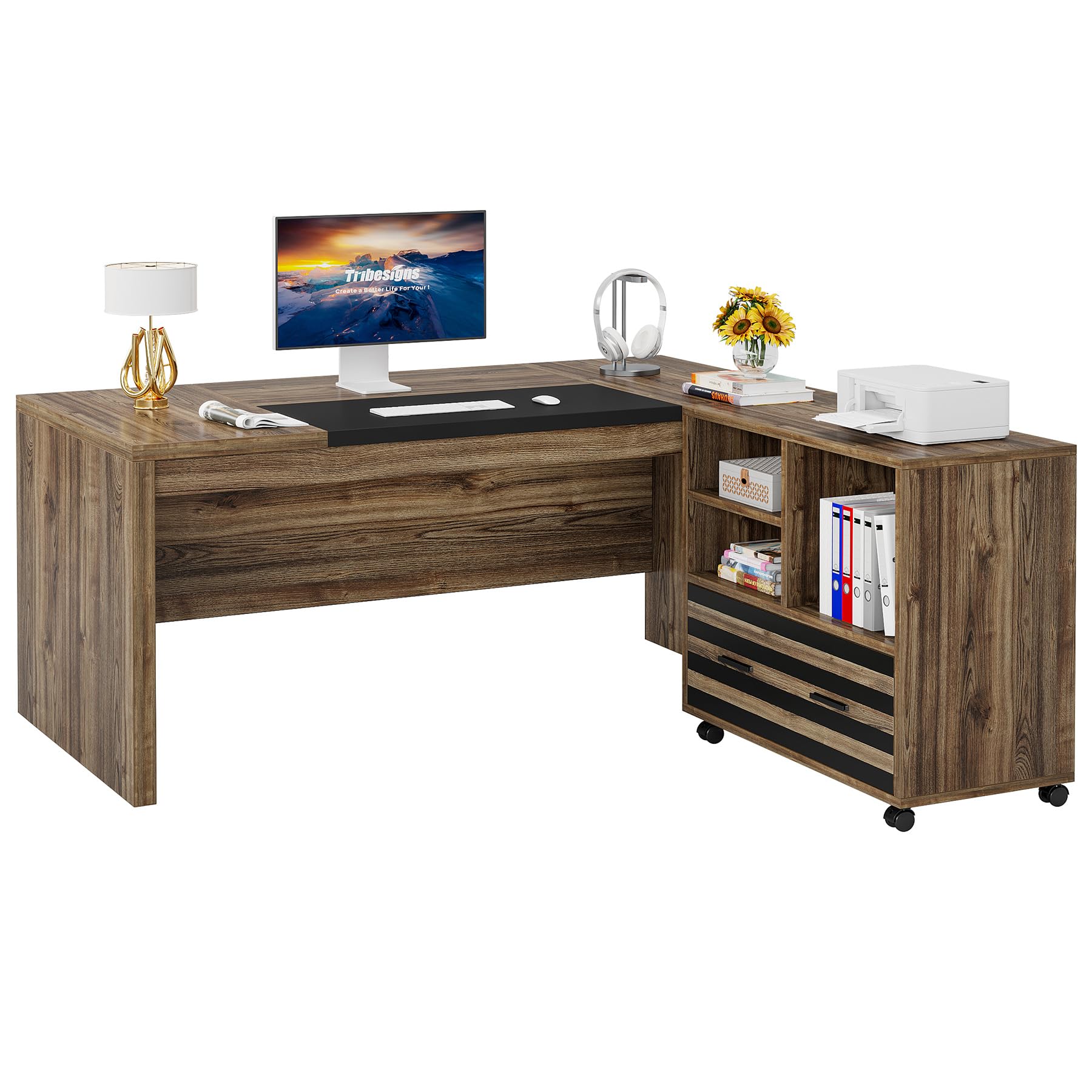 62.2" Executive Desk with Mobile File Cabinet, L-Shaped Office Desk with Storage Shelves, Large Computer Desk Business Workstation Set for Home Office, Light Brown