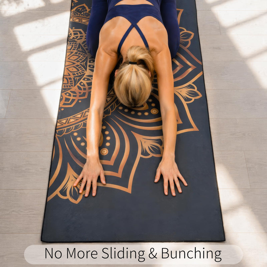 Hot Yoga Towel with Grip Dots, Non Slip, 70"x26, Gold Mandala