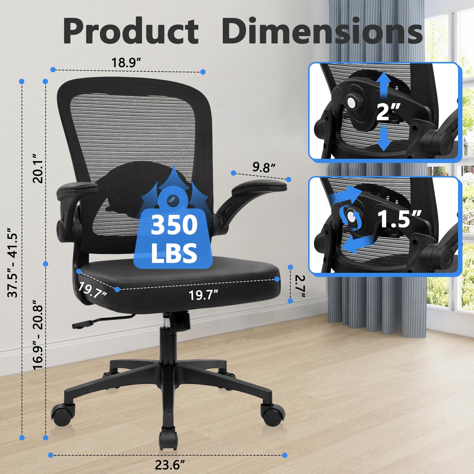 KLASIKA Home Office Desk Chair with Flip Up Armrests, Mesh Back Chair with Adjustable Height Lumbar Support and Leather Seat, Ergonomic Computer Task Chair for School, Conference, Black(8PK)