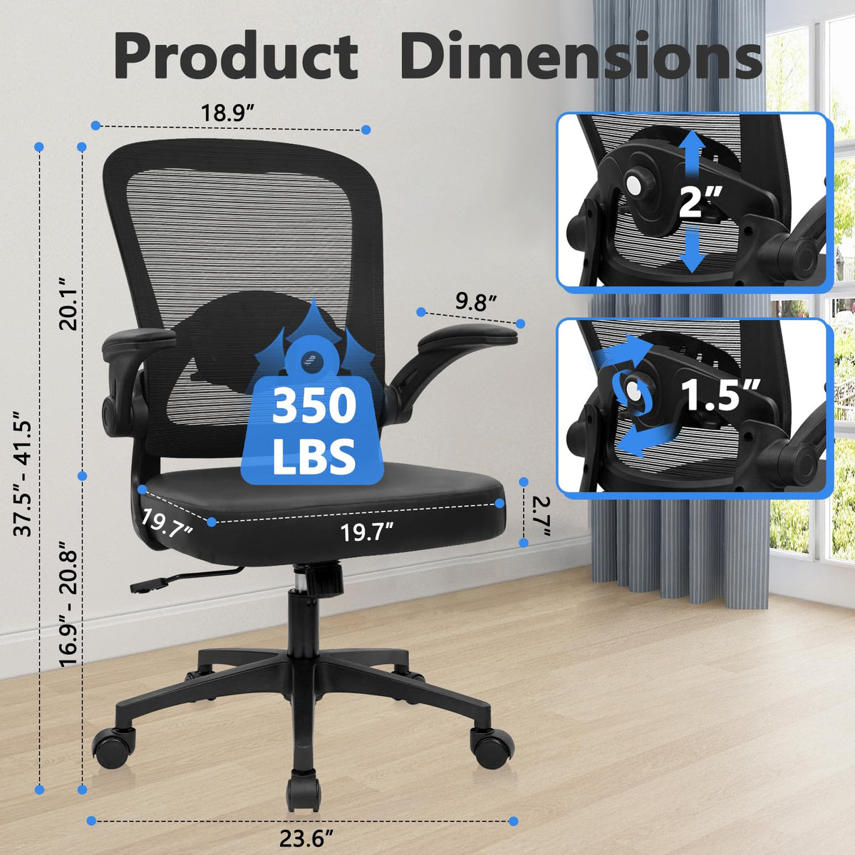 Desk Chairs with Wheels, Ergonomic Mesh Back PU Leather Seat Home Office Adjustable Lumbar Support and Height Swivel Rolling Computer Task Chair with Flip Up Arms for Conference, Black, 2PK