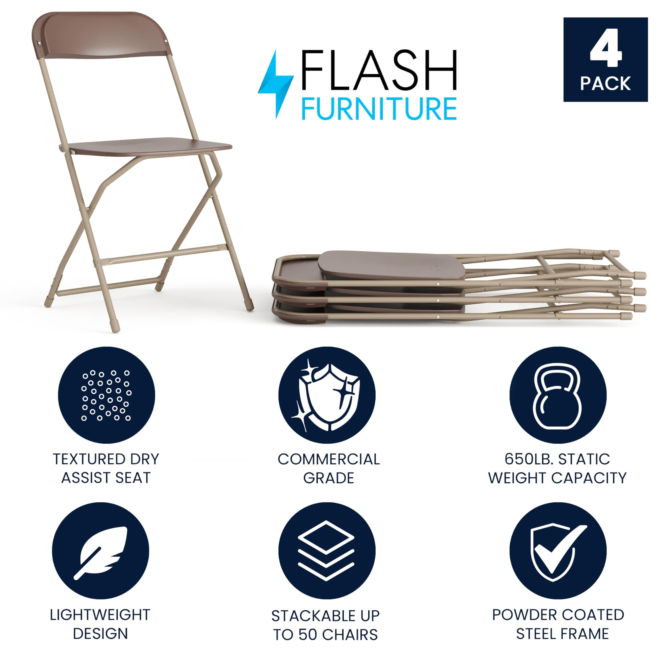4 Pack, Hercules Series Plastic Folding Chair - Brown - 650LB Weight Capacity Comfortable Event Chair-Lightweight Folding Chair