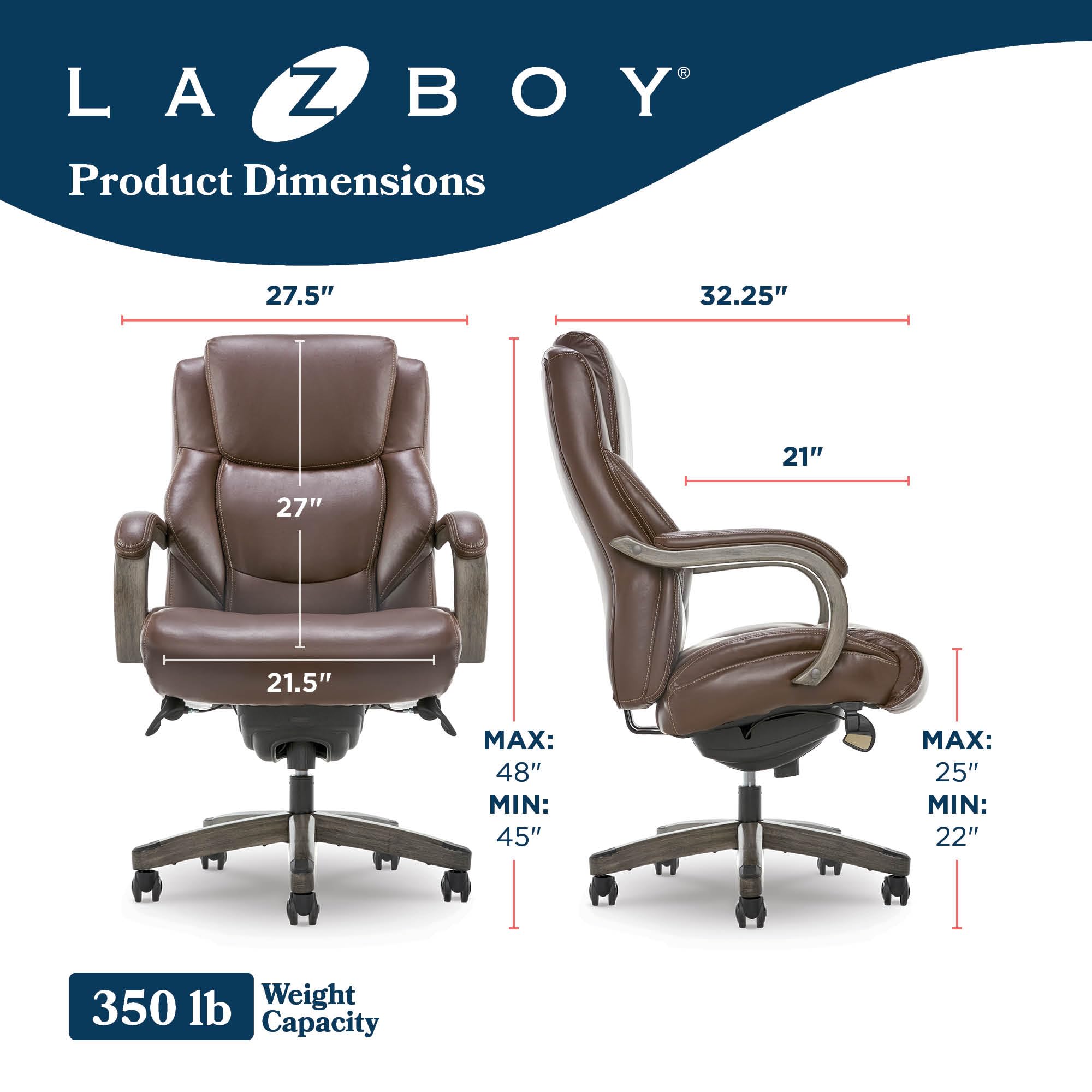 Delano Big and Tall Executive Office Chair - Ergonomic Lumbar Support Memory Foam - Bonded Leather Desk Chair for Home Office - Weathered Gray Wood Arms - Brown