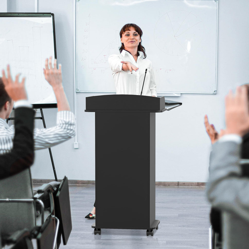 Podium Stand with Wheels Wooden Lectern Podium Stand Portable Pulpit Standing with Storage Mobile Reception Podiums Desk for Church Office School Conference Restaurant Meeting, Black