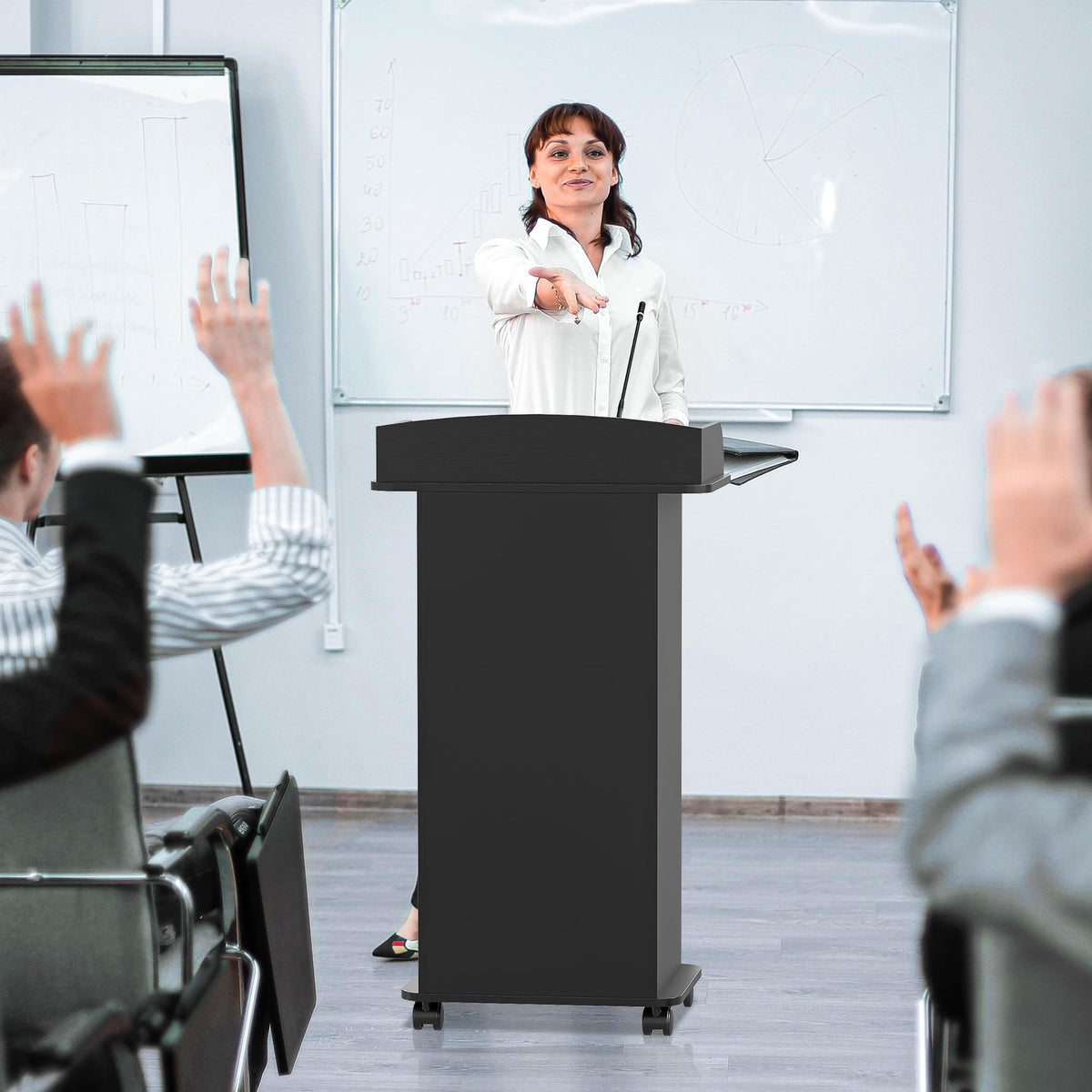 Podium Stand with Wheels Wooden Lectern Podium Stand Portable Pulpit Standing with Storage Mobile Reception Podiums Desk for Church Office School Conference Restaurant Meeting, Black