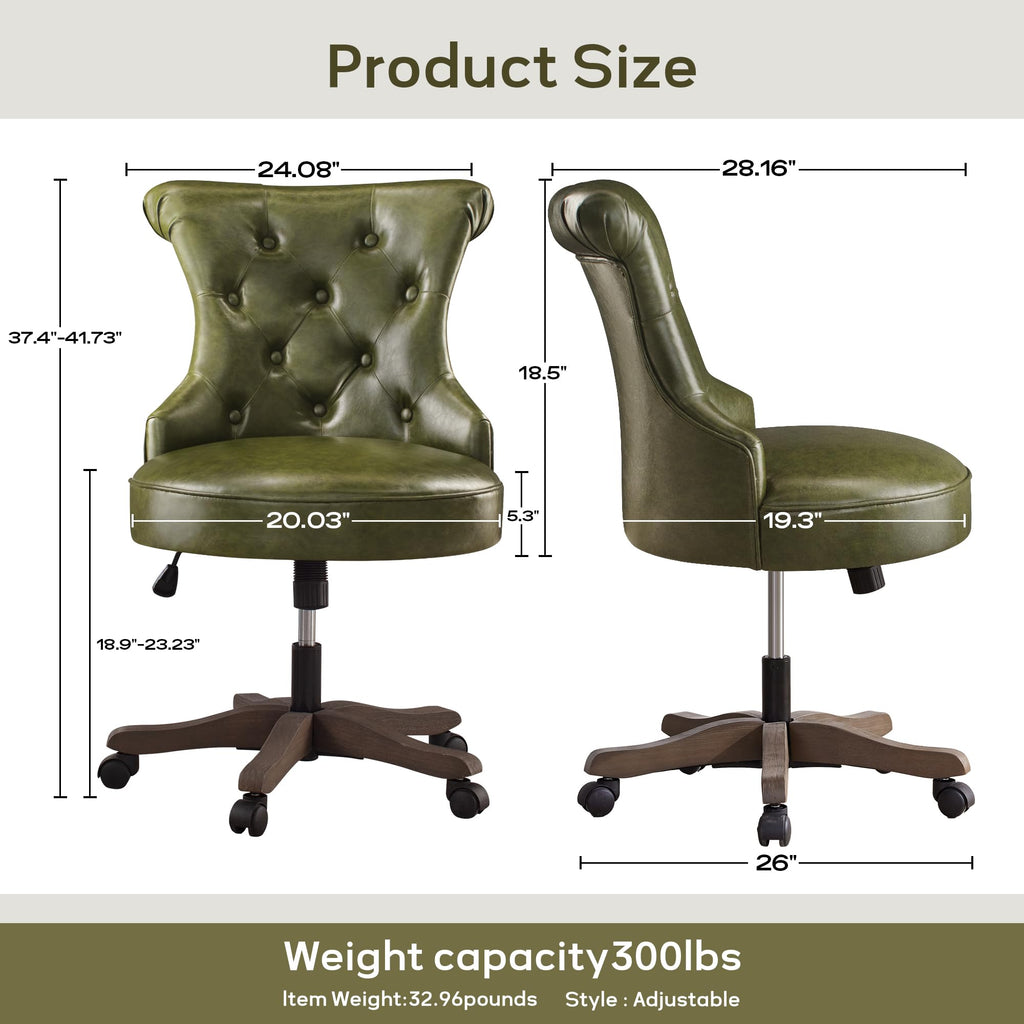 Home Office Chair Upholstered Armless PU Leather Desk Chair with Wheels Adjustable Height Computer Desk Chair with Wooden Legs Comfortable Swivel Chair for Study Studio (Dark Green)