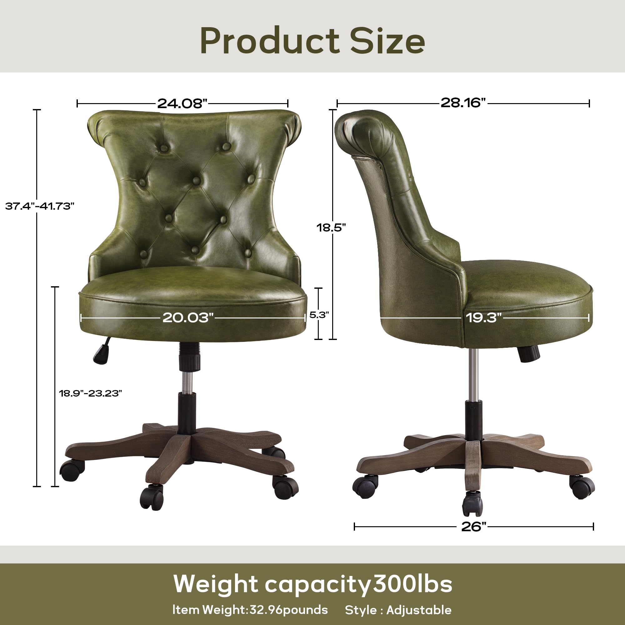 Home Office Chair Upholstered Armless PU Leather Desk Chair with Wheels Adjustable Height Computer Desk Chair with Wooden Legs Comfortable Swivel Chair for Study Studio (Dark Green)