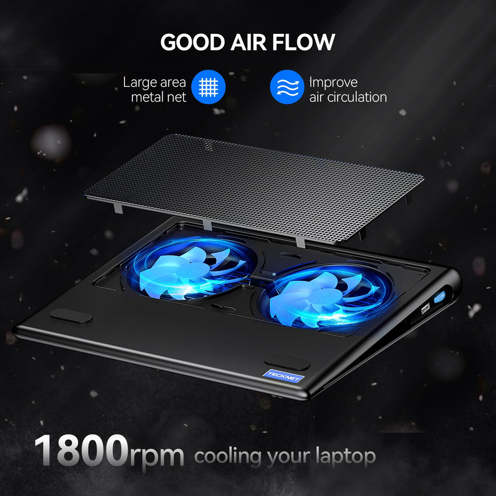 Laptop Cooling Pad - 12"-15.6" Laptops Cooler, Powerful Cooler and Ultra Quiet for Gaming Laptops Pad, 2 Wind Speed Adjustable, USB A & C Powered Cooler Stand with Laptop Fan LED (Blue)