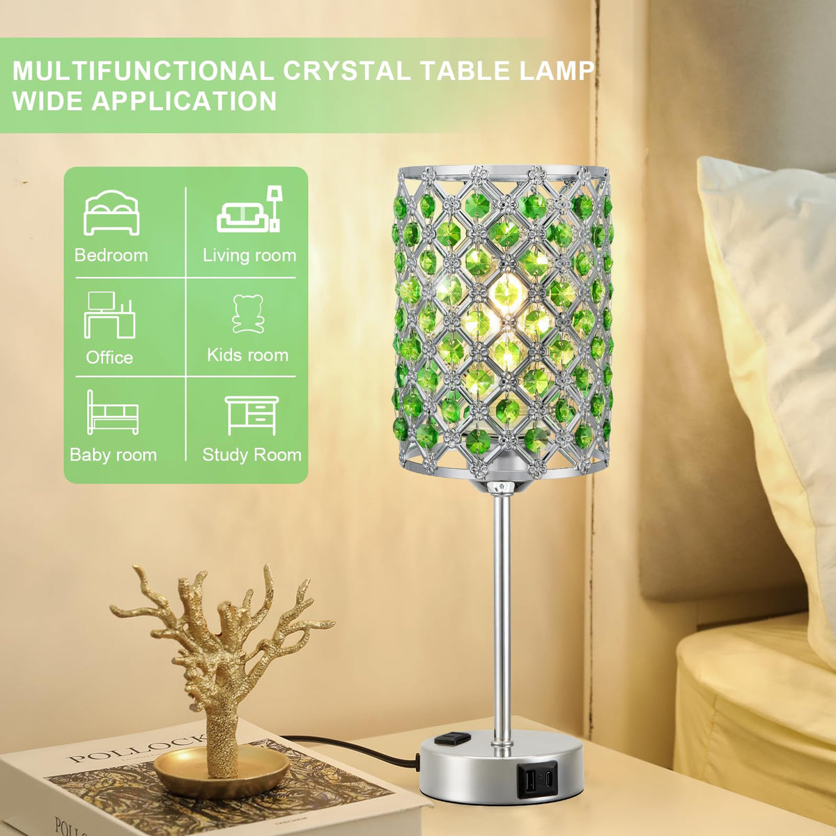 Crystal Lamp for Night Stands, Green Table Lamp for Bedroom, Bulb Included