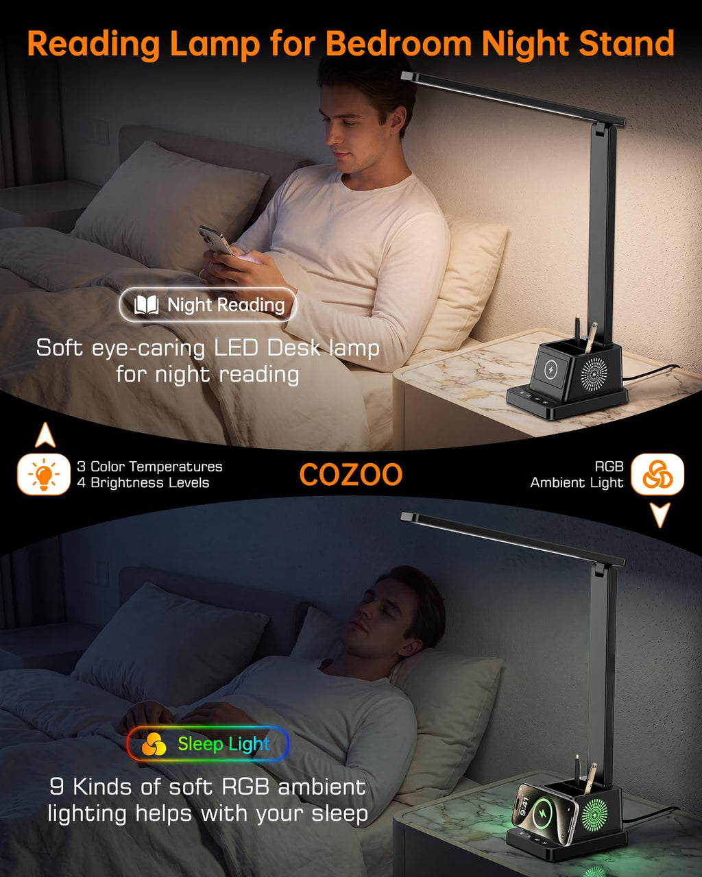 LED Desk Lamp for Home Office,15W Wireless Charger Pen Holder, Black