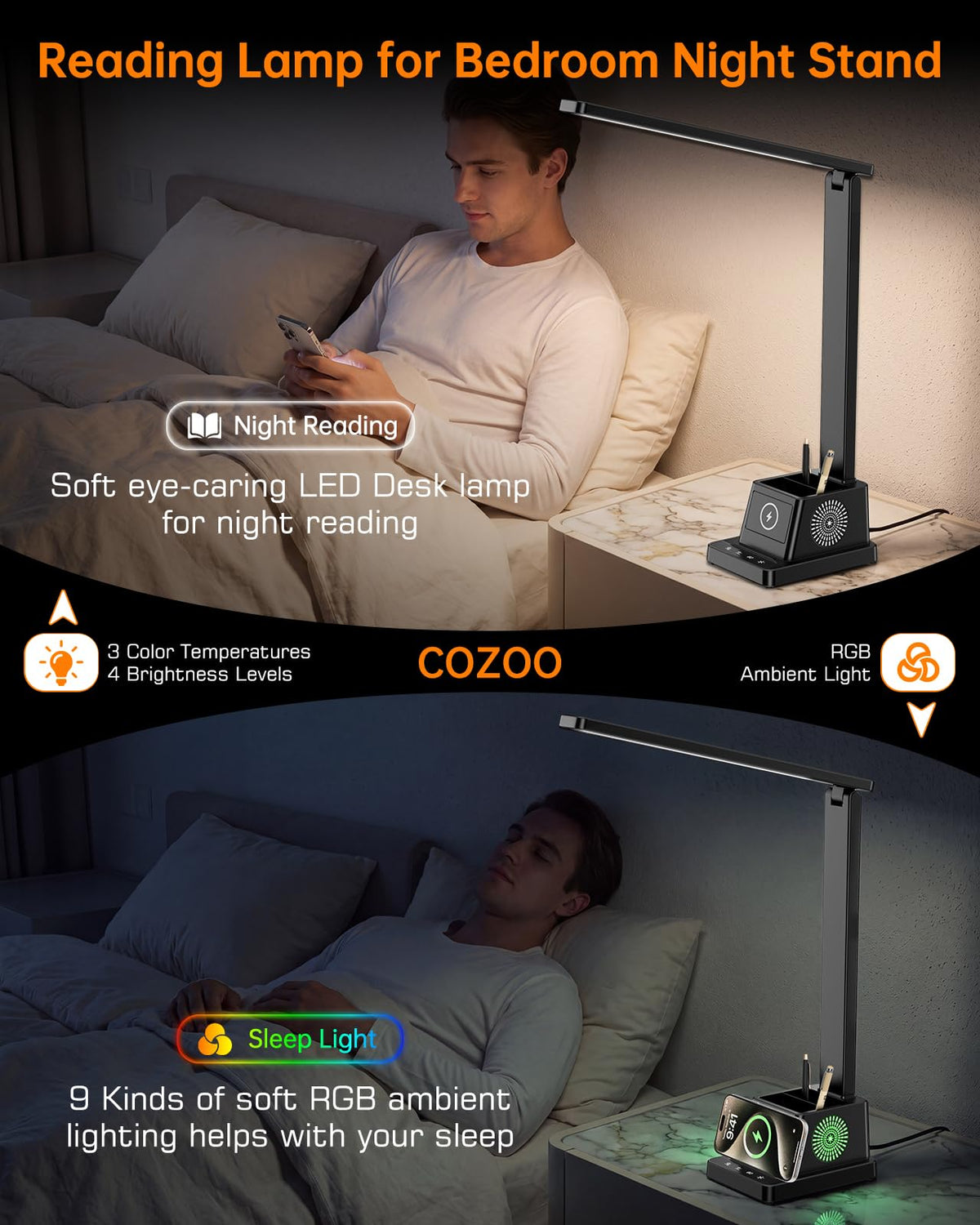 LED Desk Lamp for Home Office,15W Wireless Charger Pen Holder, Black