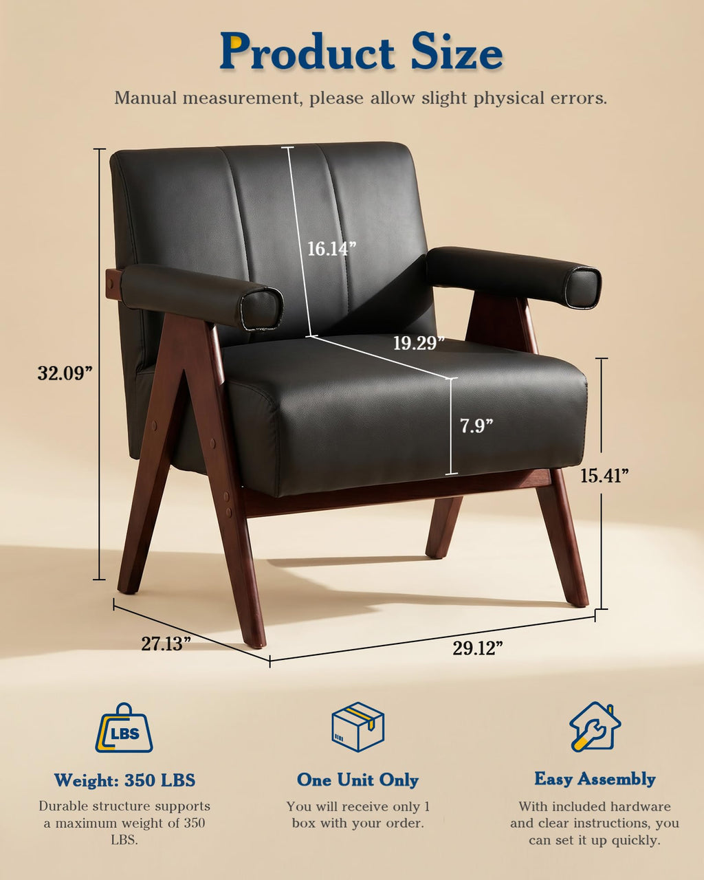 Mid Century Modern Accent Chairs Set of 2, Solid Wood Frame Black Leather Armchairs, Modern Reading & Living Room Chairs for Office Guest & Waiting Room