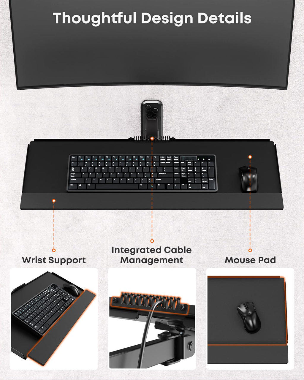 Compact Wall Mount Keyboard Tray, Sit Stand 26 Inch Keyboard and Mouse Wall Mount with Spring Arm, Height Adjustable Ergonomic Typing Platform with Anti-Slip & Wrist Pad, Holds up to 19.8 lbs