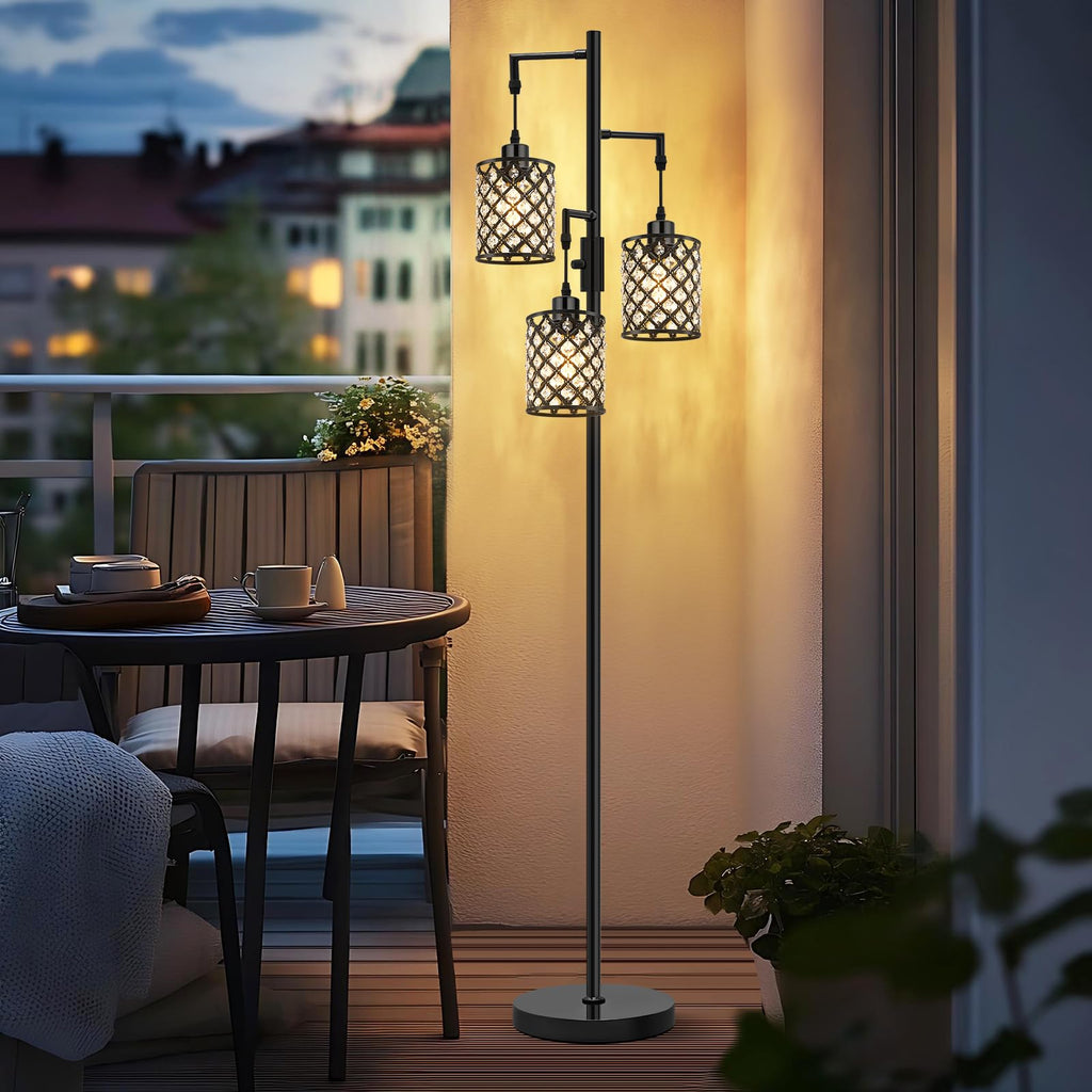 Crystal Floor Lamps for Living Room, 3-Light Black Floor Lamp, Standing Tall Lamp with Elegant K9 Crystal Shade & Rotary Switch, Modern Corner Floor Lamp for Bedroom, Home Office, Reading
