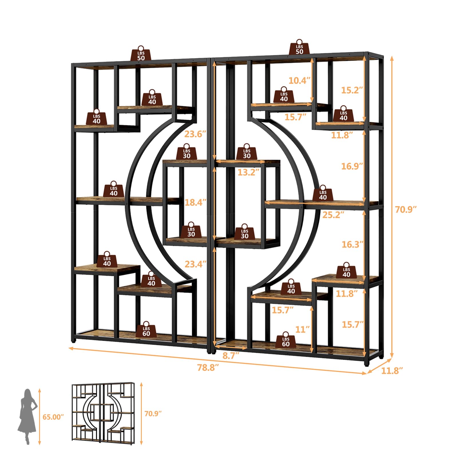 5-Tier Bookshelf with Storage, 70.9 Inch Tall Large Display Bookcase - Modern Metal Standing Shelves for Living Room, Office and Bedroom, Set of 2, Brown