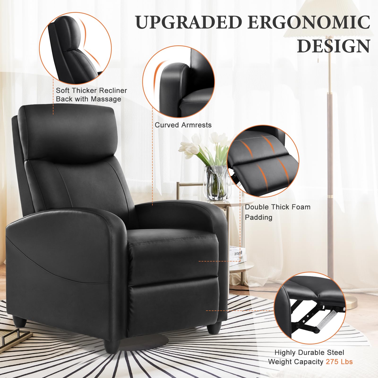 Recliner Chair Fabric Recliner Sofa No Massage, Home Theater Seating with Lumbar Support, Adjustable Push Back Overstuffed High-Density Sponge Reclining for Living Room, Grey