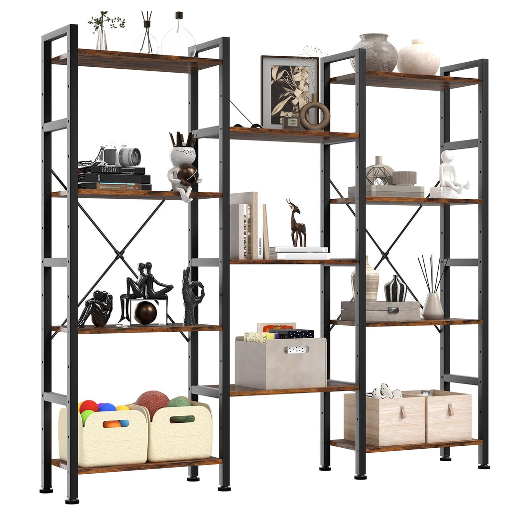 Triple Column 4 Tier Bookshelf, Wide Industrial Bookcase, Brown