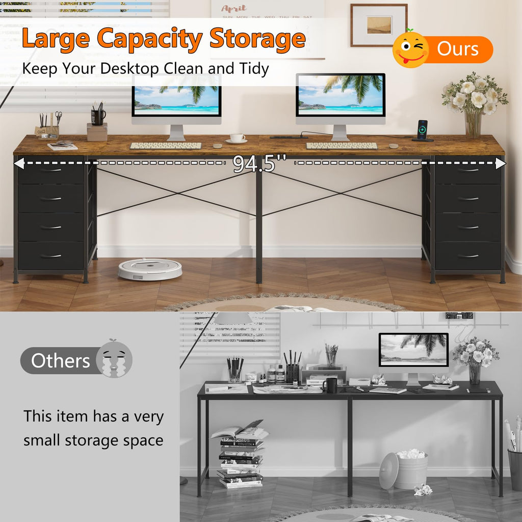 95'' Two Person Desk with 8 Drawers, Long Office Desk with Charging Station, 2 Person Desks Double Desk Writing Study Table for Home Office, Brown and White, Brown and Black