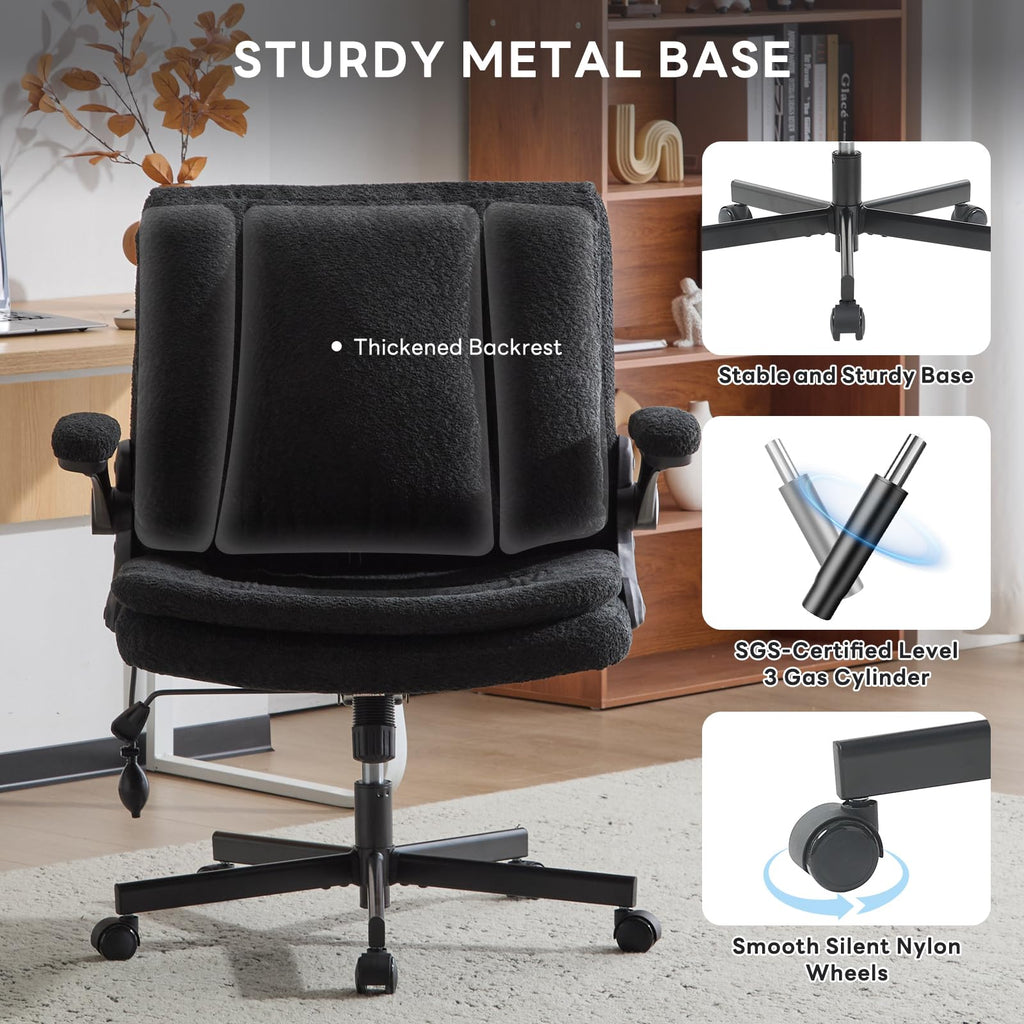 Criss Cross Office Chair with 2 in 1 Inflatable Flip-up Back, Ergonomic Wide Seat Desk Chair with Adjustable Arms and Wheels, Cross Legged Office Chair for Home & Office, Black