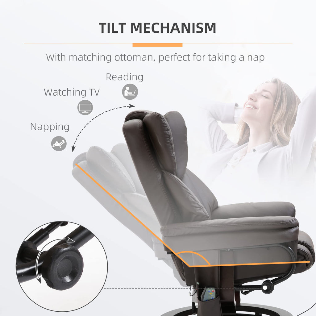 Recliner Chair with Ottoman Footrest, 10 Vibration Points, 360° Swivel Reclining Chair, Faux Leather Living Room Chair with Side Pocket and Remote Control, Brown