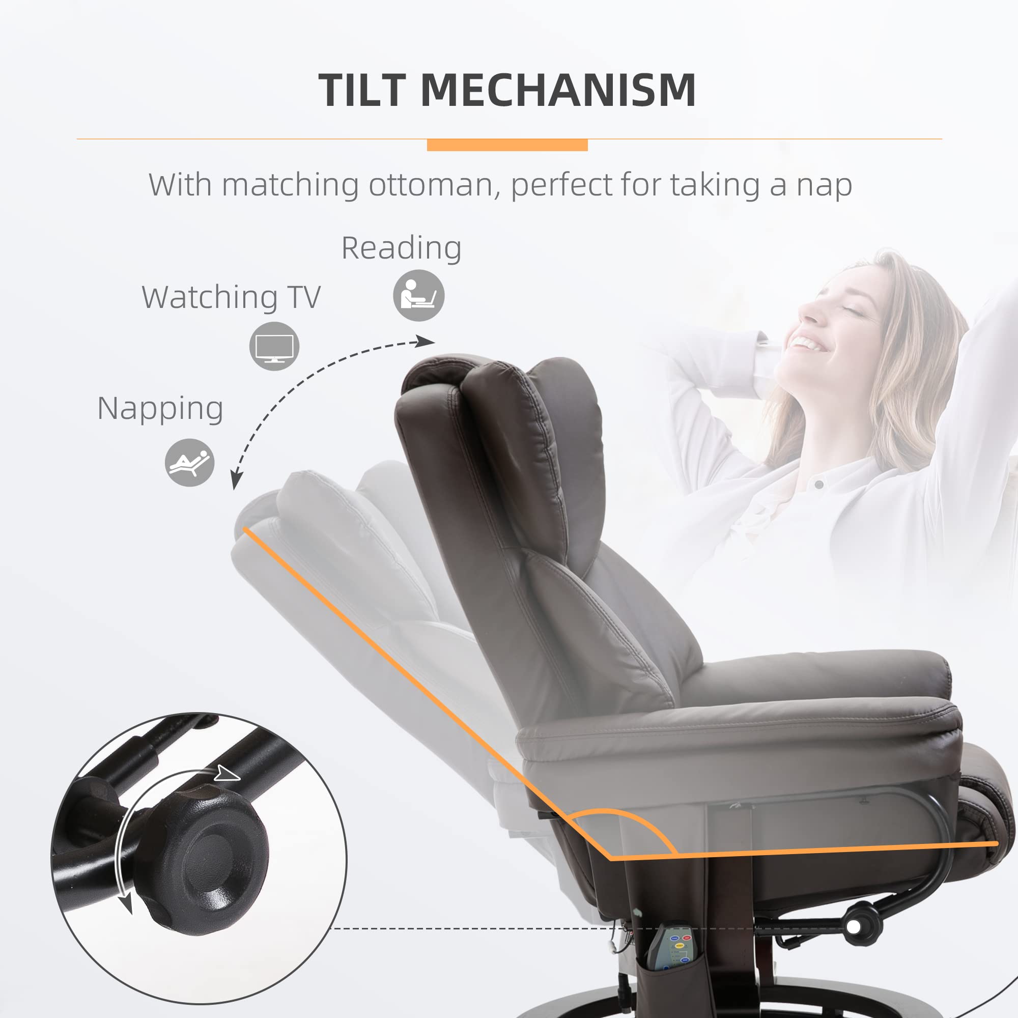 Recliner Chair with Ottoman Footrest, 10 Vibration Points, 360° Swivel Reclining Chair, Faux Leather Living Room Chair with Side Pocket and Remote Control, Brown