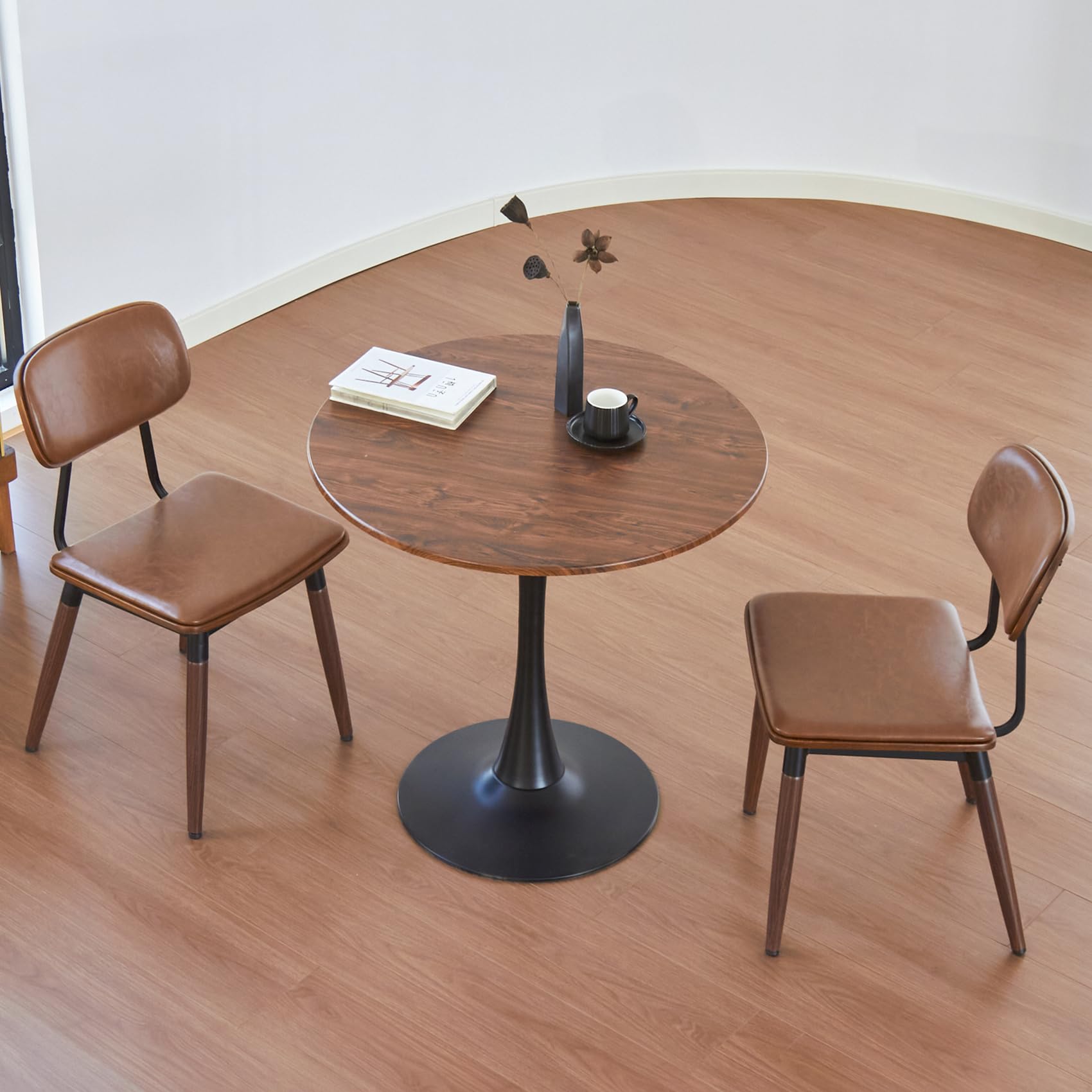 Hansweld Round Dining Table, 24" Circle Tulip Table with Thickened Tabletop & Metal Pedestal, Mid Century Modern Bistro Table for Kitchen, Small Places, Living Room, Cafe (Brown)