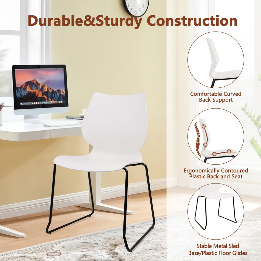 Stackable Waiting Room Chair, Stacking Office Chair with Ergonomic Lumbar Support and Metal Legs, Plastic Desk Chairs for Conference School Church Guest Reception ,White