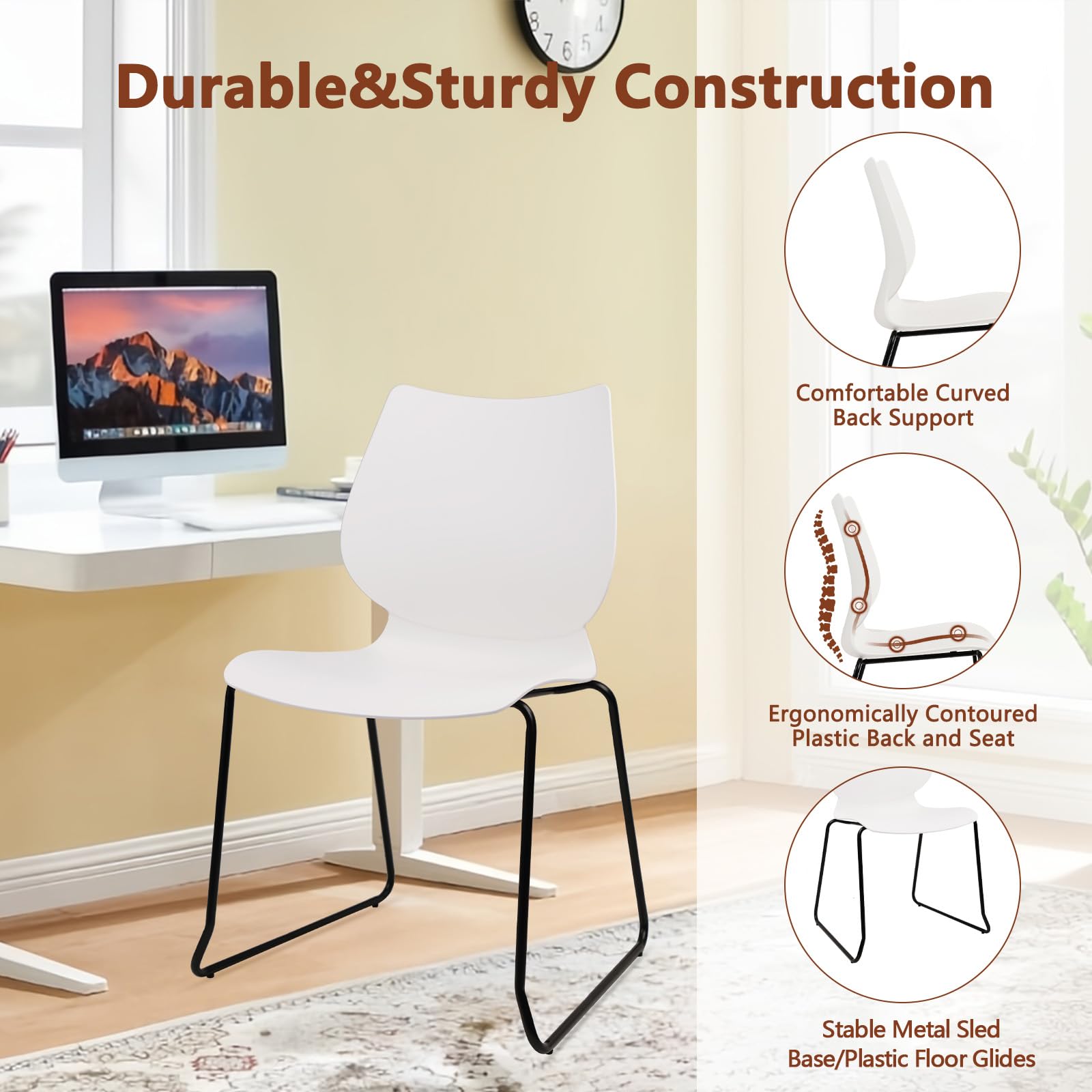 Stackable Waiting Room Chair, Stacking Office Chair with Ergonomic Lumbar Support and Metal Legs, Plastic Desk Chairs for Conference School Church Guest Reception ,White