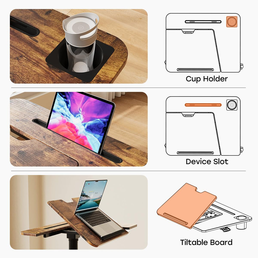 Mobile Standing Desk, Height Adjustable Table, 60° Tiltable Rolling Laptop Desk, Portable Sit Stand Desk with Wheels Cup Holder for Bed Couch Hospital, Holds Up to 22lbs, Rustic