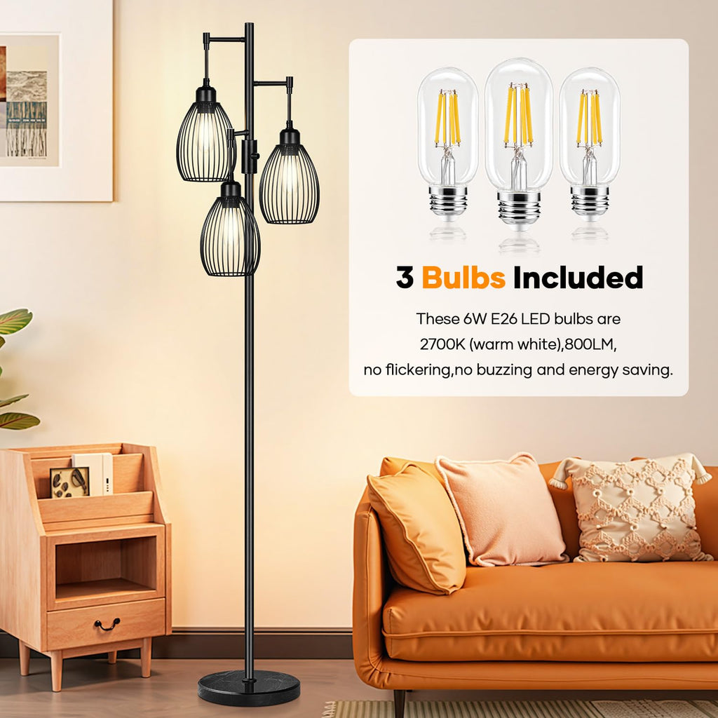 Floor Lamp,3x800LM LED Bulbs Included, Farmhouse Industrial Floor Lamp Standing Tree Lamp with Teardrop Cage Head Tall Lamp for Living Room Bedroom Office Dining Room - Black & Marble Base