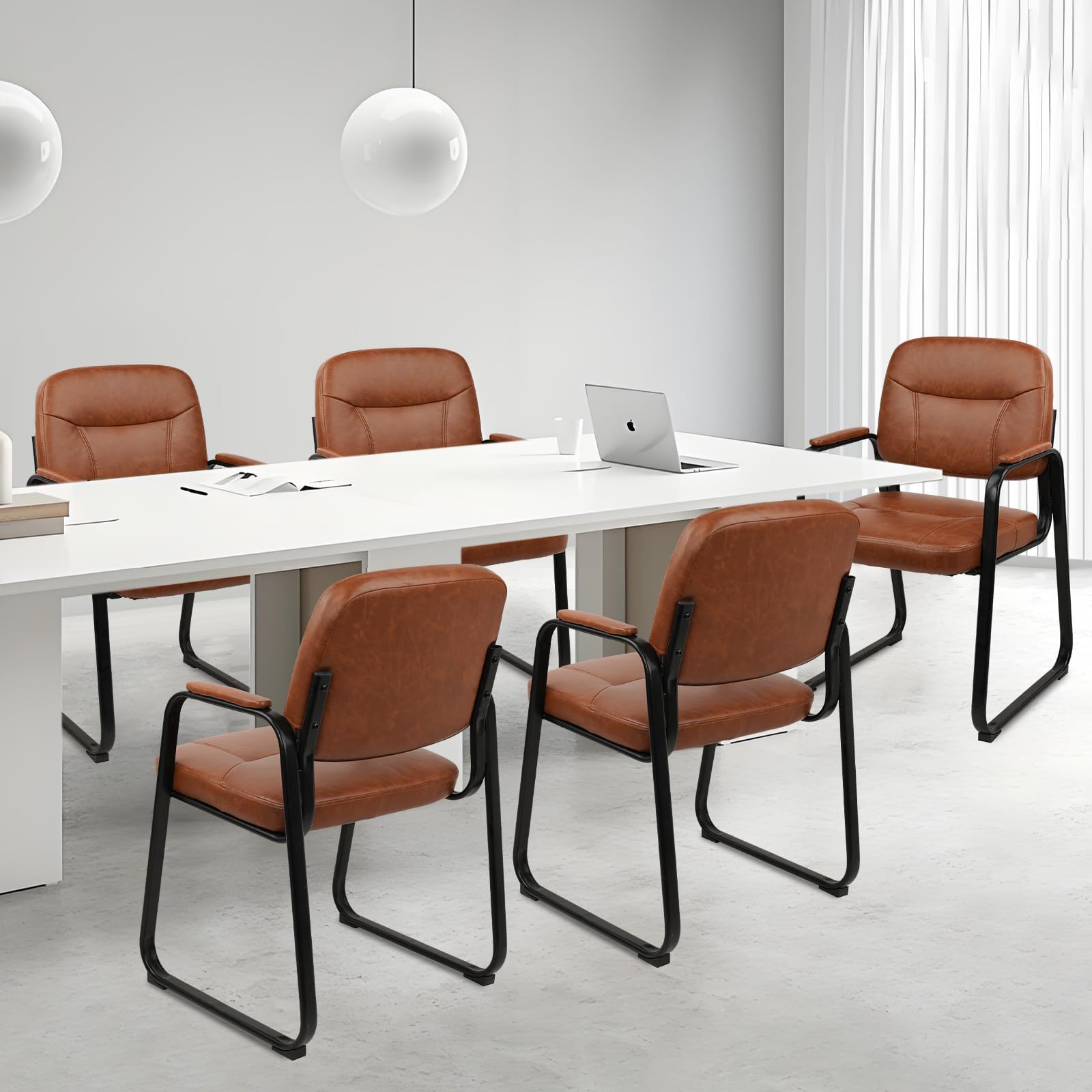 4 Pack, Waiting Room Guest Chair with Bonded Leather Padded Arm Rest for Office Reception and Conference Desk Black with Sled Base Brown
