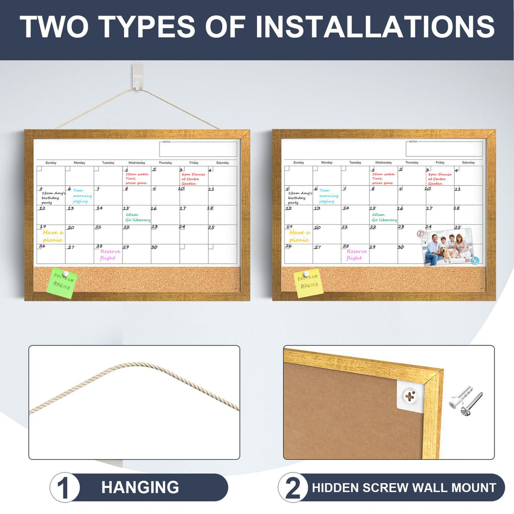 Calendar Whiteboard for Wall, 18x24 Inches White Board Calendar Dry Erase, Magnetic Monthly White Board with Gold Wood Frame, Hanging Dry Erase Board for Kitchen Home Office School Planner