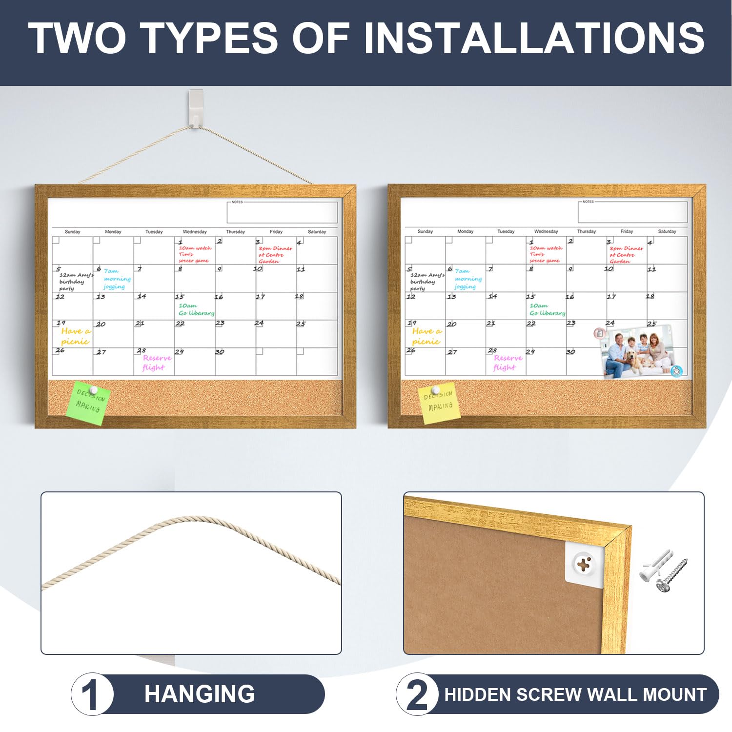Calendar Whiteboard for Wall, 18x24 Inches White Board Calendar Dry Erase, Magnetic Monthly White Board with Gold Wood Frame, Hanging Dry Erase Board for Kitchen Home Office School Planner