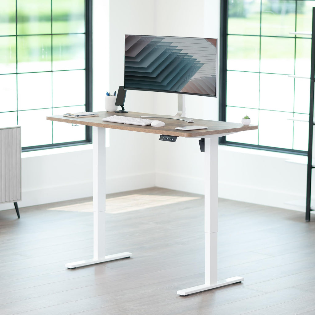 Electric 55 x 28 in Standing Desk, Memory Height Adjustment, 1B Series, Holds 220 lbs, One-Piece Reclaimed Wood Top, White Frame