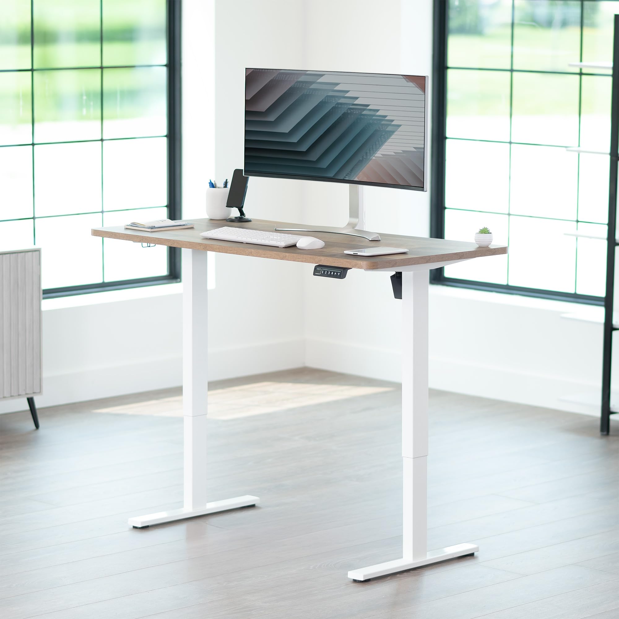 Electric 55 x 28 in Standing Desk, Memory Height Adjustment, 1B Series, Holds 220 lbs, One-Piece Reclaimed Wood Top, White Frame