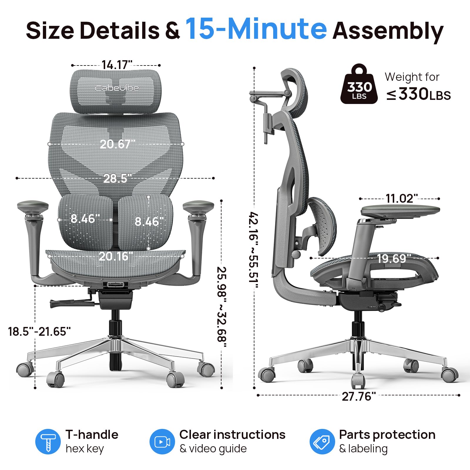 Ergonomic Office Chair with Adaptive Dual-Wing Lumbar Support - Over 10 Hours Sitting Comfortable Mesh Big and Tall Home Desk Chair, 4D Headrest, 630° Armrst, Seat Depth Adjustable