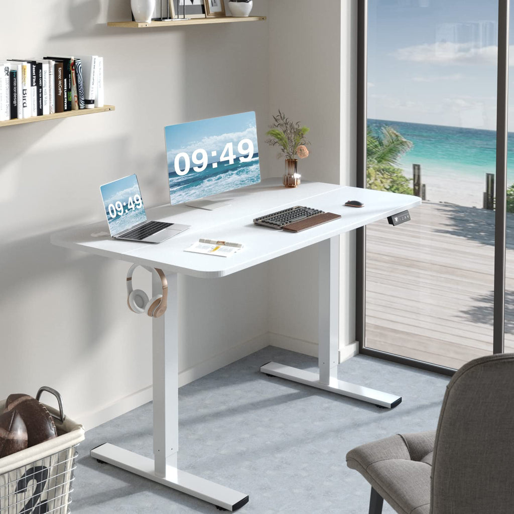 Electric Height Adjustable Standing Desk Large 48 x 24 Inches Sit Stand up Desk Home Office Computer Desk Memory Preset with T-Shaped Metal Bracket, White