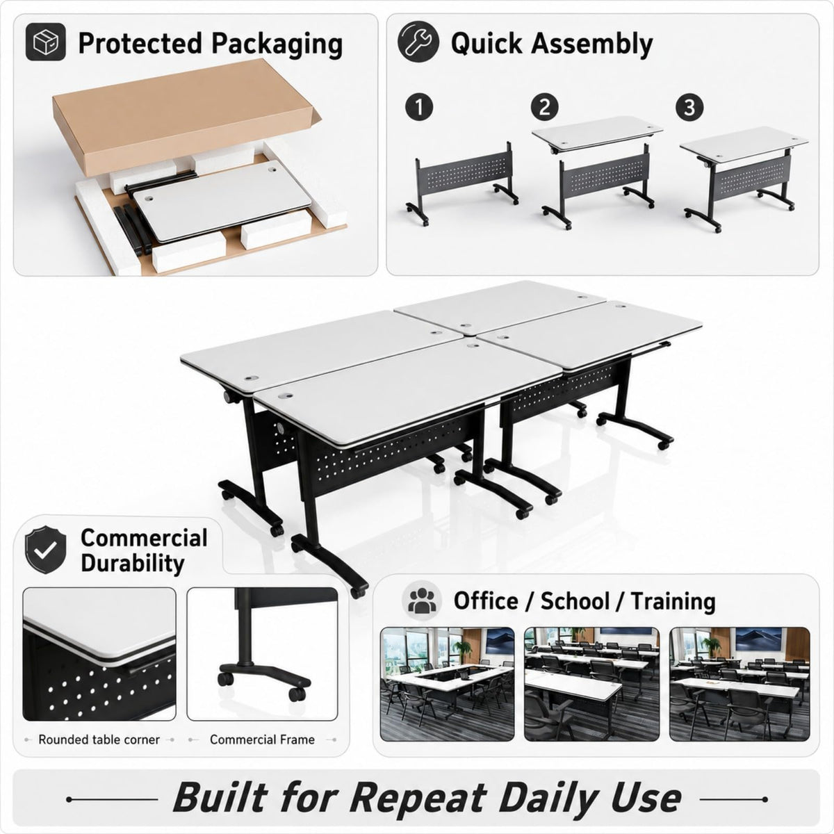 Folding Conference Table with Wheels, 55.1in, 4 Pack, White Wire-Control