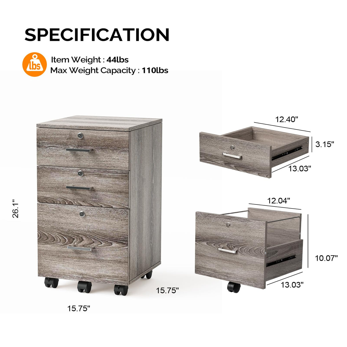 3-Drawer File Cabinet with Lock, Wood Rolling Filing Cabinets for Home Office, Mobile Printer Stand, Under Desk File Organizer for Letter Sized Files, 26" H(Caster Included),Gray Oak