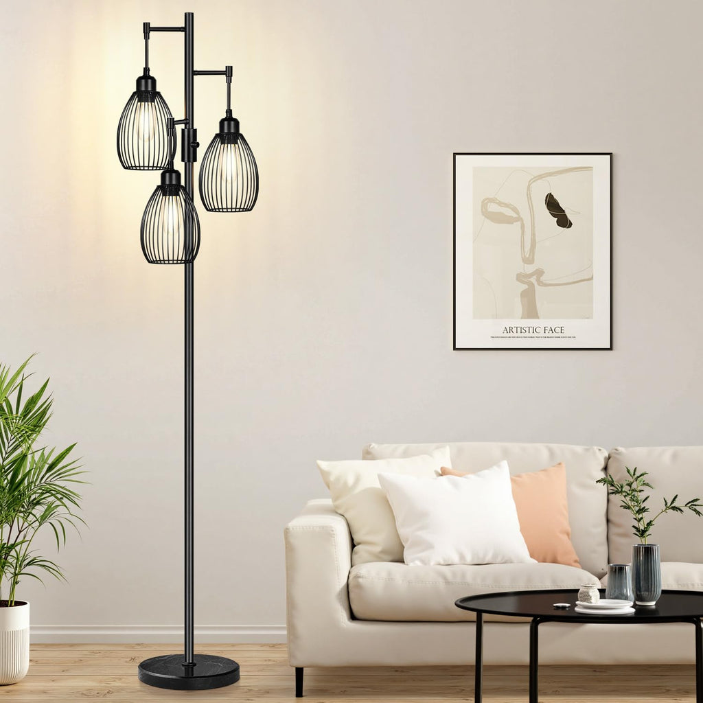 Floor Lamp,3x800LM LED Bulbs Included, Farmhouse Industrial Floor Lamp Standing Tree Lamp with Teardrop Cage Head Tall Lamp for Living Room Bedroom Office Dining Room - Black & Marble Base