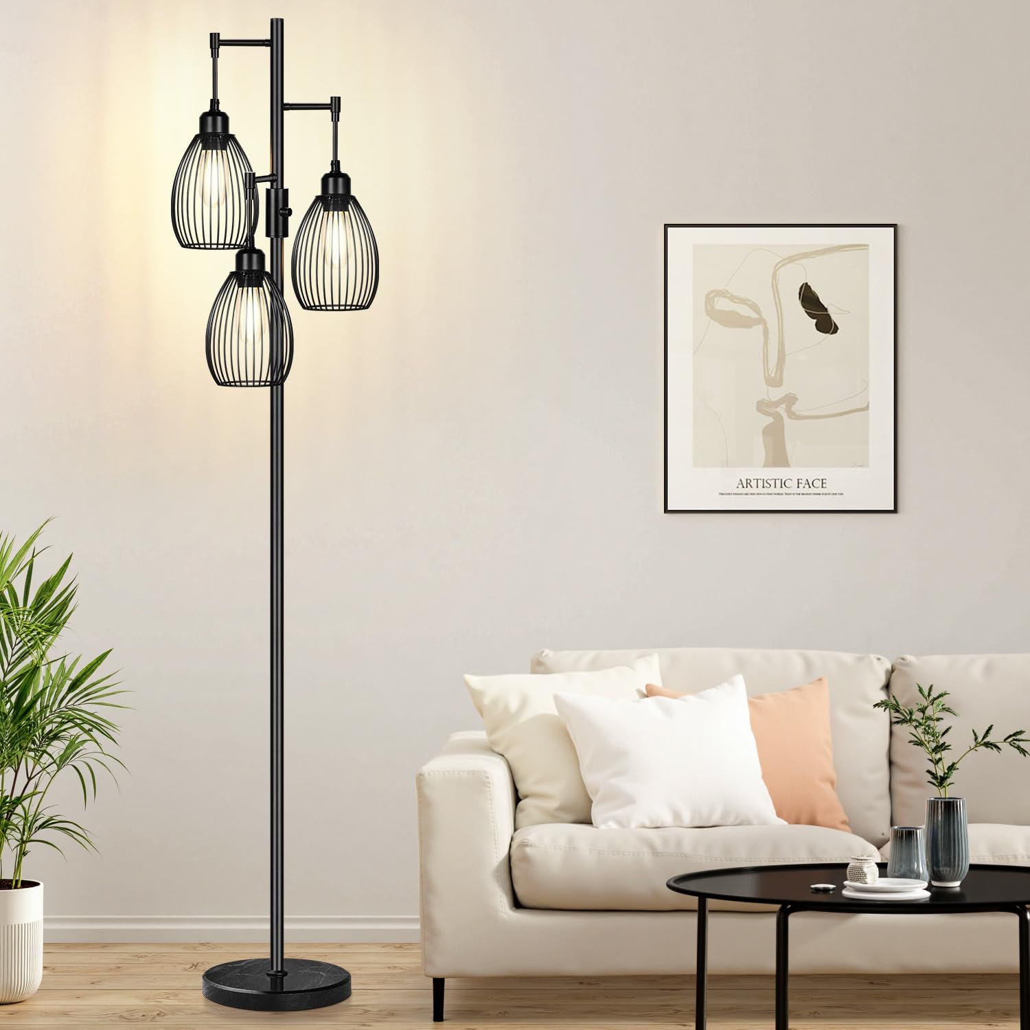 Floor Lamp,3x800LM LED Bulbs Included, Farmhouse Industrial Floor Lamp Standing Tree Lamp with Teardrop Cage Head Tall Lamp for Living Room Bedroom Office Dining Room - Black & Marble Base
