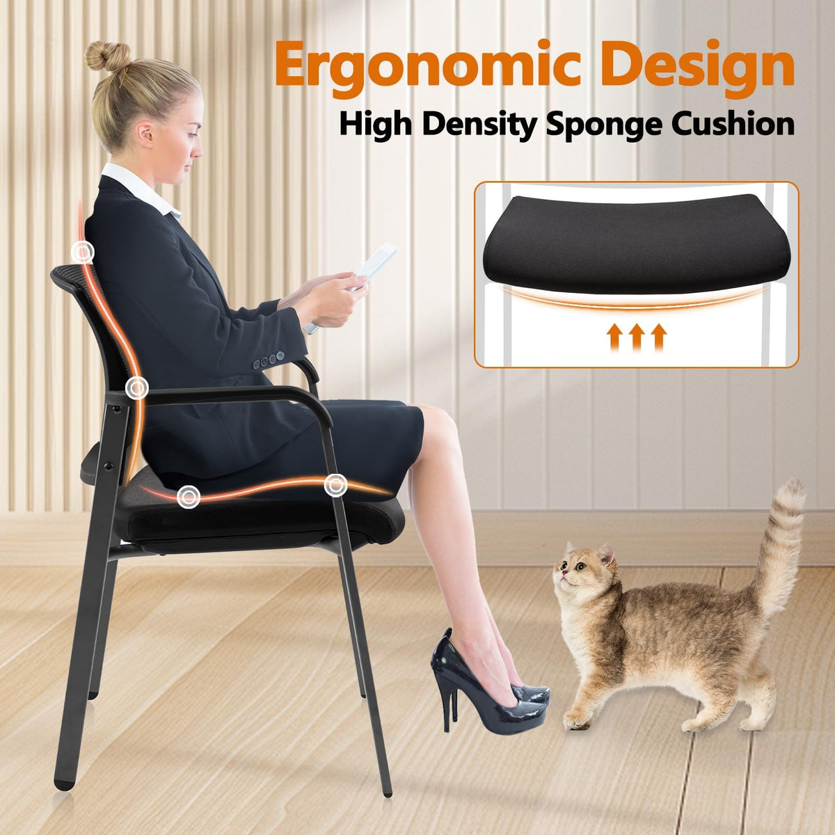 Mesh Back Stacking Arm Chairs with Upholstered Fabric Seat and Ergonomic Lumber Support for Office School Church Guest Reception Black