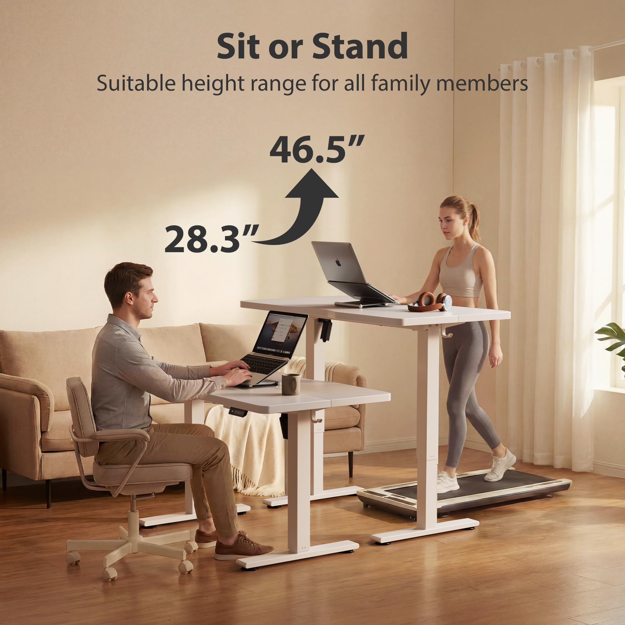 Standing Desk, 55x24 Inches Sit Stand Home Office Desk, Electric Stand up Desk, Adjustable Desk with Splice Board, White Frame/White Top