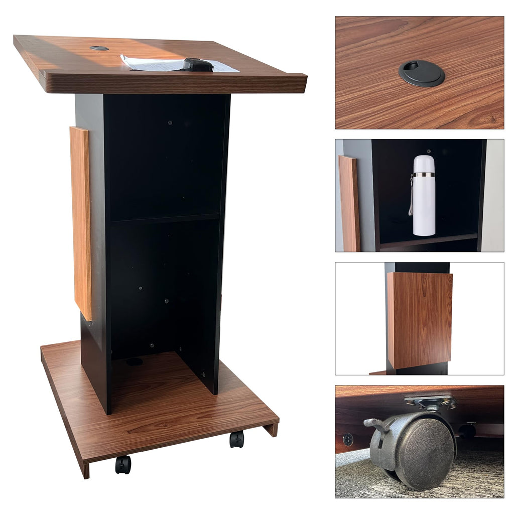 Wood Podium with Wheels,Wooden Lectern Stand,15MM Particle Board,Elegant Design with Storage,Mic Stand Space, Wooden Pulpit for Restaurants,Churches,Seminars and Schools